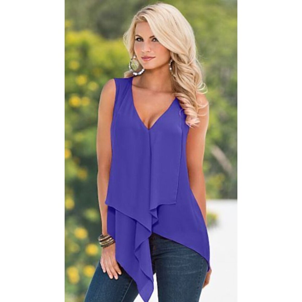 Venus V-Neck Sleeveless Drop Hem Purple Plum Chiffon Blouse Tank PLUS Size 14